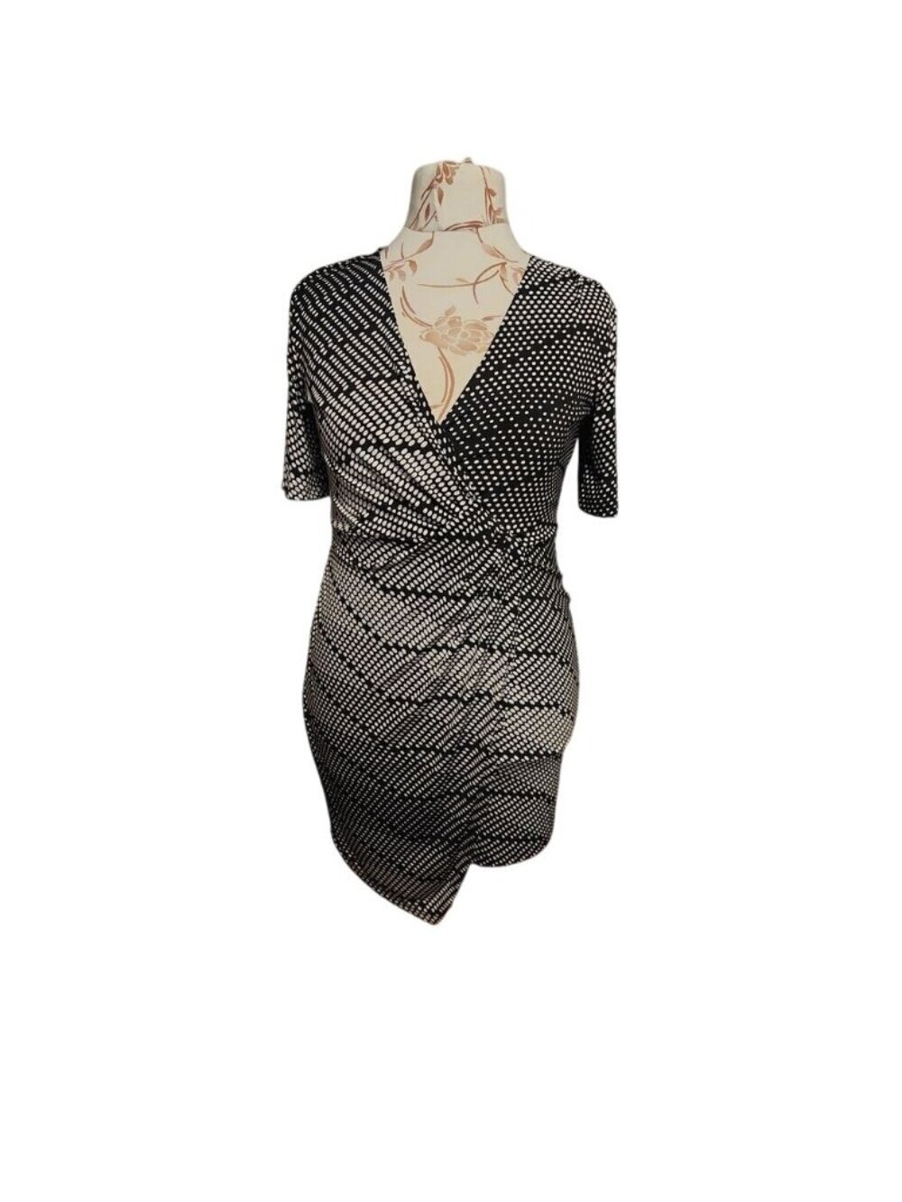 Black White Polka Dot Print Faux Wrap Dress Short Sleeve Career Party #91C